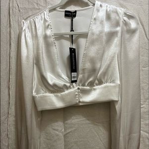 White Fox, cropped button up, puffy sleeve blouse, size S, NWT, satin
